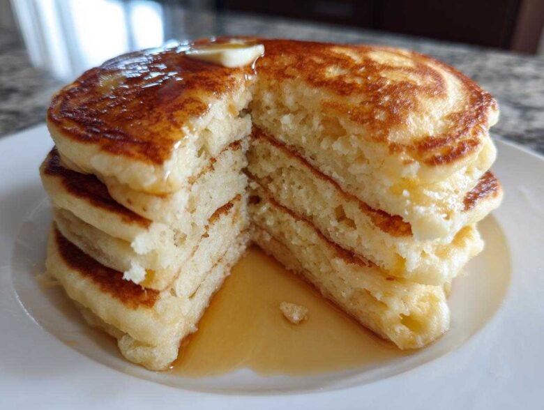 Close-up of a tall stack of fluffy pancakes, cut to show the airy interior, topped with melting butter and syrup.