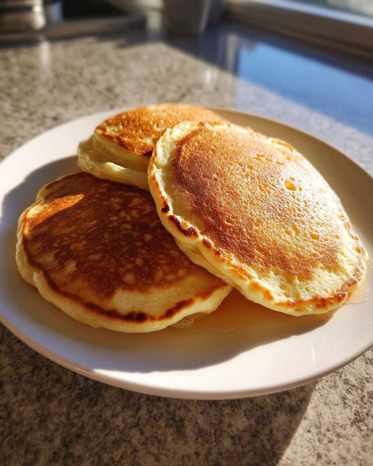 Three golden brown sourdough pancakes stacked on a white plate, glistening with syrup in bright sunlight.