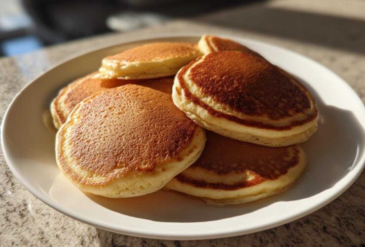 A close-up of a stack of golden brown sourdough pancakes piled high on a white plate.