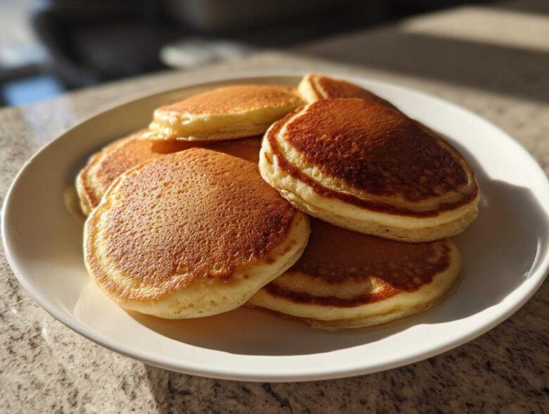 A close-up of a stack of golden brown sourdough pancakes piled high on a white plate.