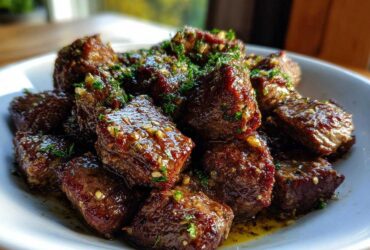 A white bowl filled with tender, cubed crockpot steak bites coated in a glistening garlic and herb sauce.