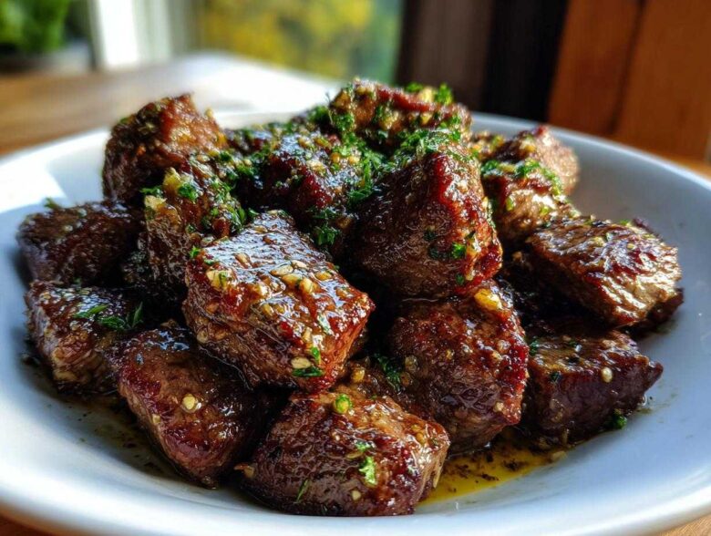 A white bowl filled with tender, cubed crockpot steak bites coated in a glistening garlic and herb sauce.