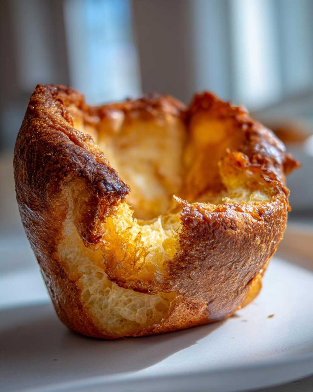 Close-up of a tall, golden-brown yorkshire pudding with a crispy top and a bite taken out.