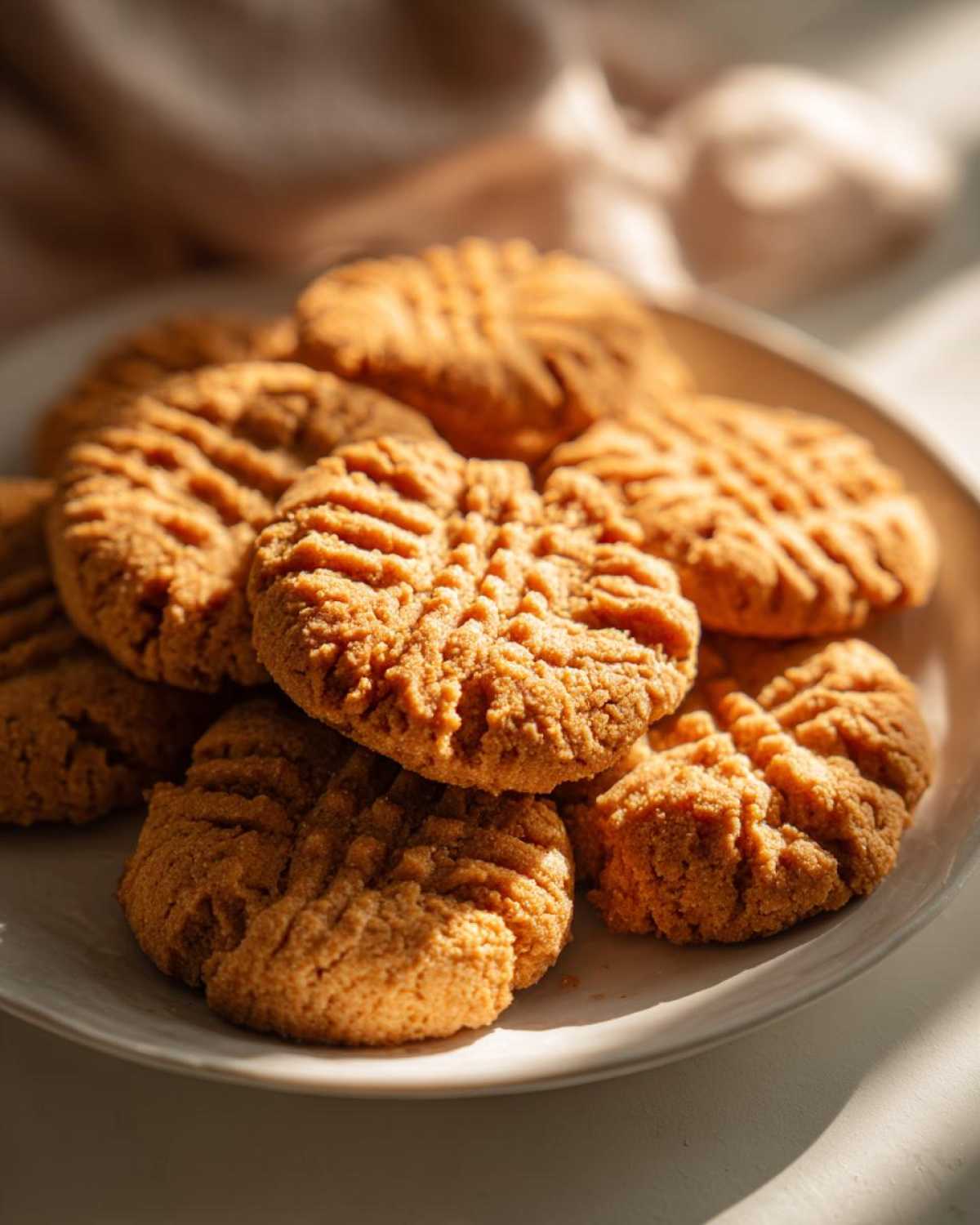 A close-up, sunlit photo of several classic peanut butter cookies with fork marks stacked on a white plate.