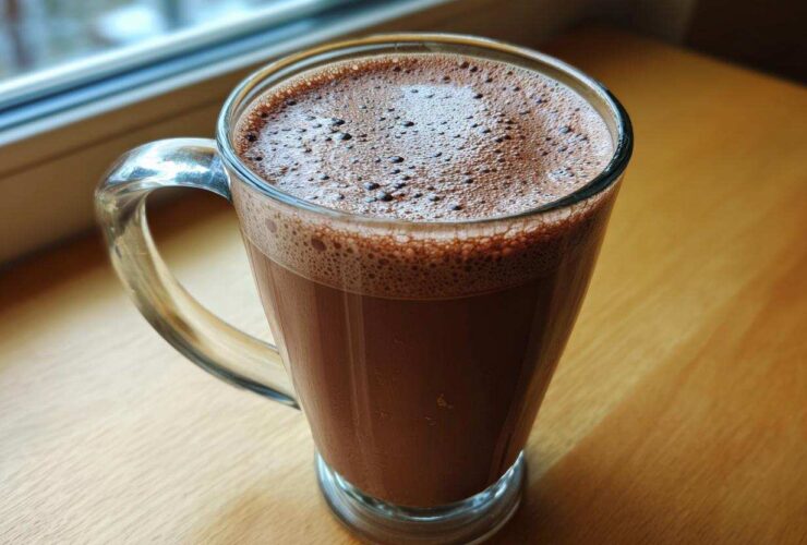 A clear glass mug filled with creamy, frothy hot cocoa mix resting on a wooden surface near a window.