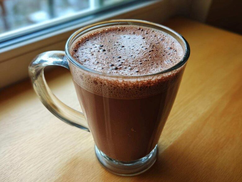 A clear glass mug filled with creamy, frothy hot cocoa mix resting on a wooden surface near a window.