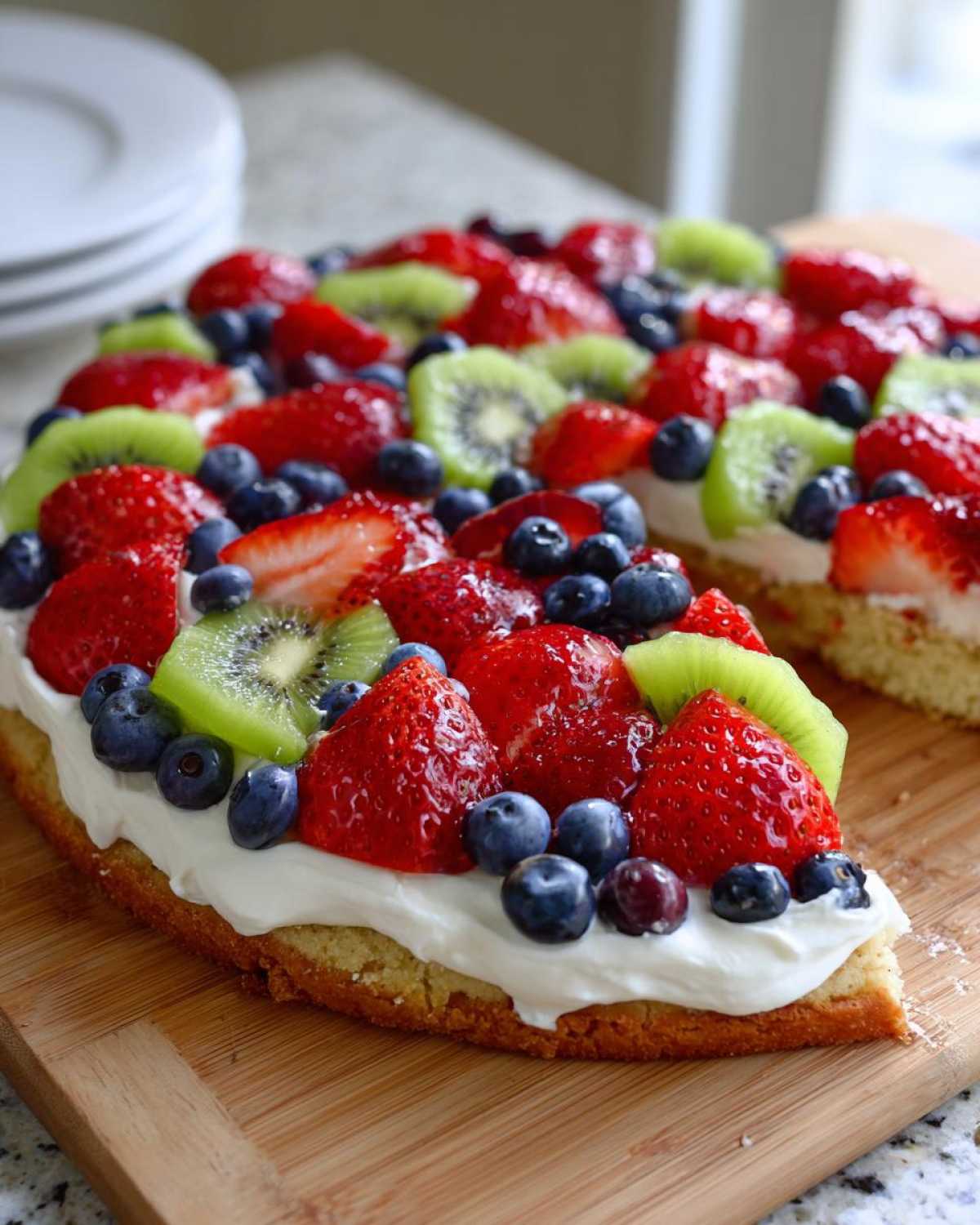 A close-up of a vibrant fruit pizza sugar cookie topped with cream cheese frosting, strawberries, blueberries, and kiwi slices.