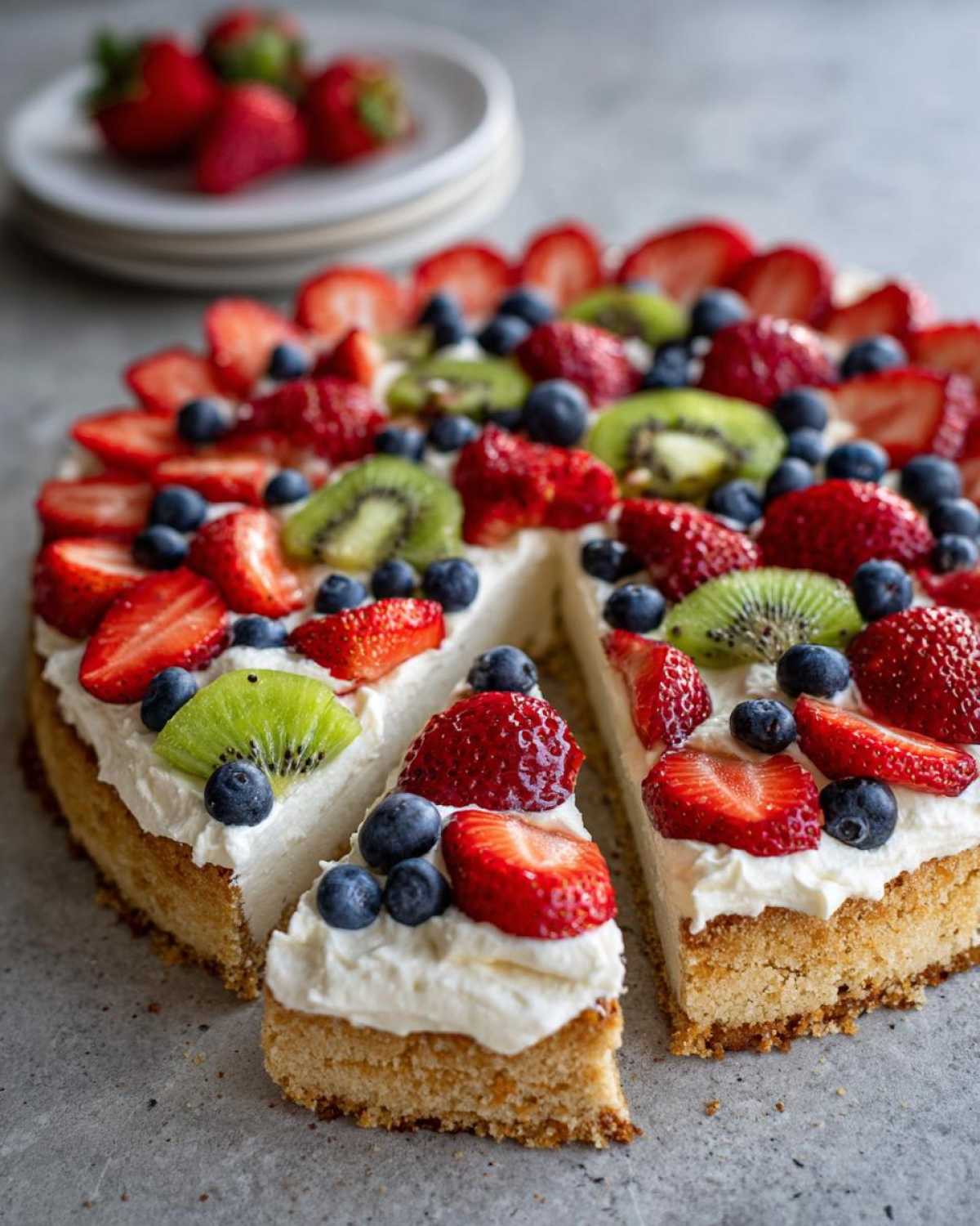 A slice cut from a colorful fruit pizza sugar cookie topped with whipped cream, strawberries, blueberries, and kiwi.