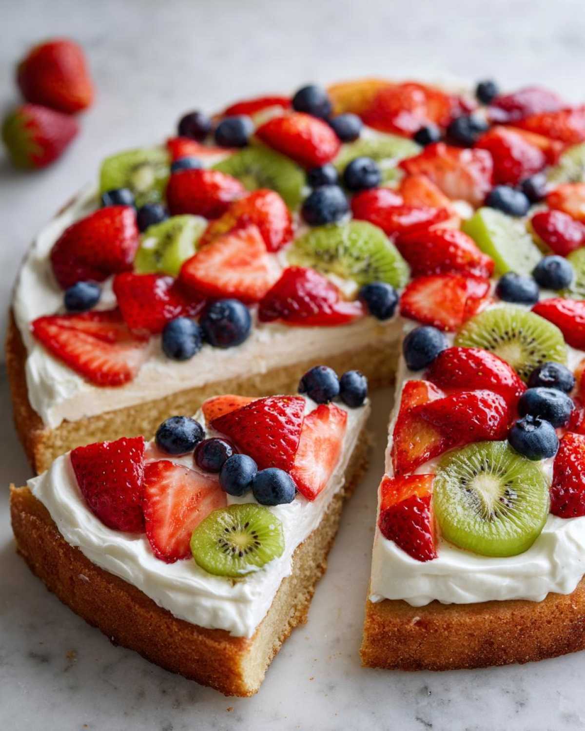 A slice cut from a fruit pizza sugar cookie topped with cream cheese frosting, strawberries, kiwi, and blueberries.