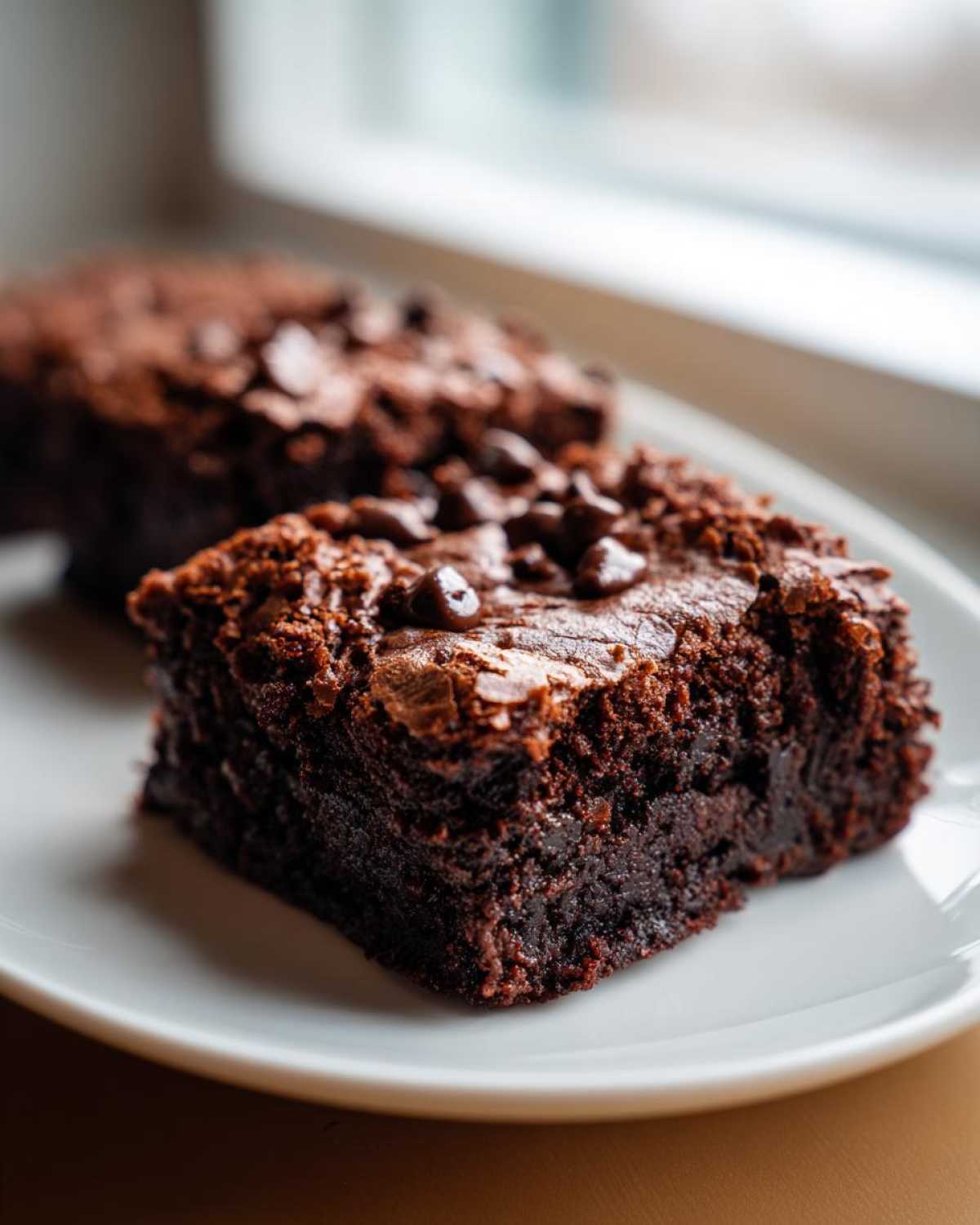 Close-up of a fudgy square of black bean brownies topped with chocolate chips on a white plate.