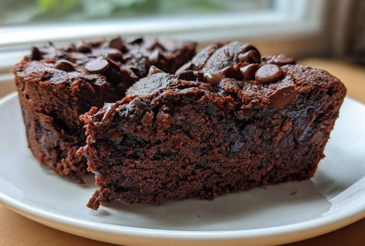 Close-up of two fudgy black bean brownies topped with melted chocolate chips on a white plate.