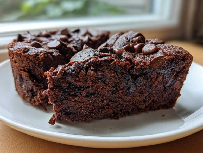 Close-up of two fudgy black bean brownies topped with melted chocolate chips on a white plate.