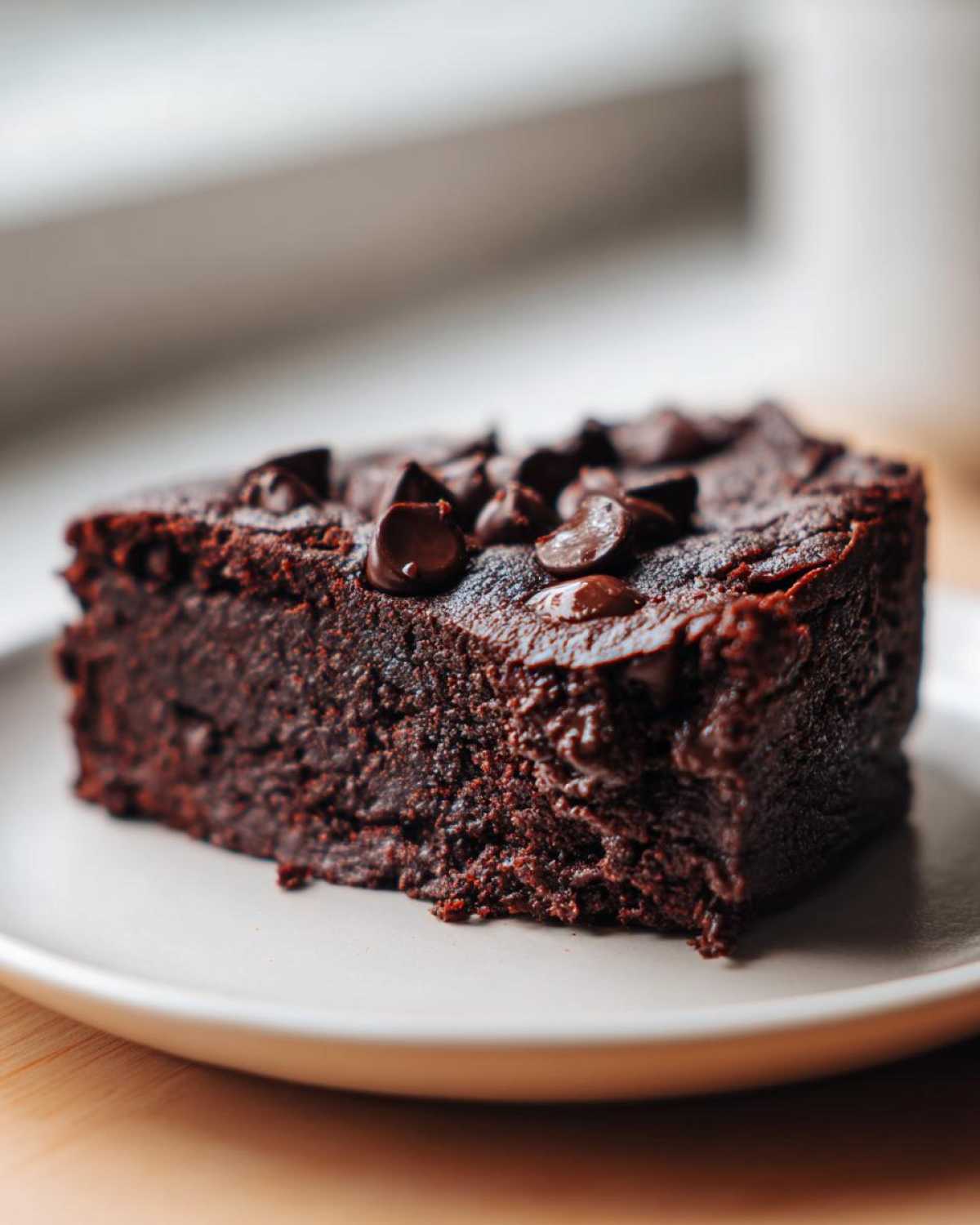 Close-up of a fudgy slice of black bean brownies topped with melted chocolate chips.