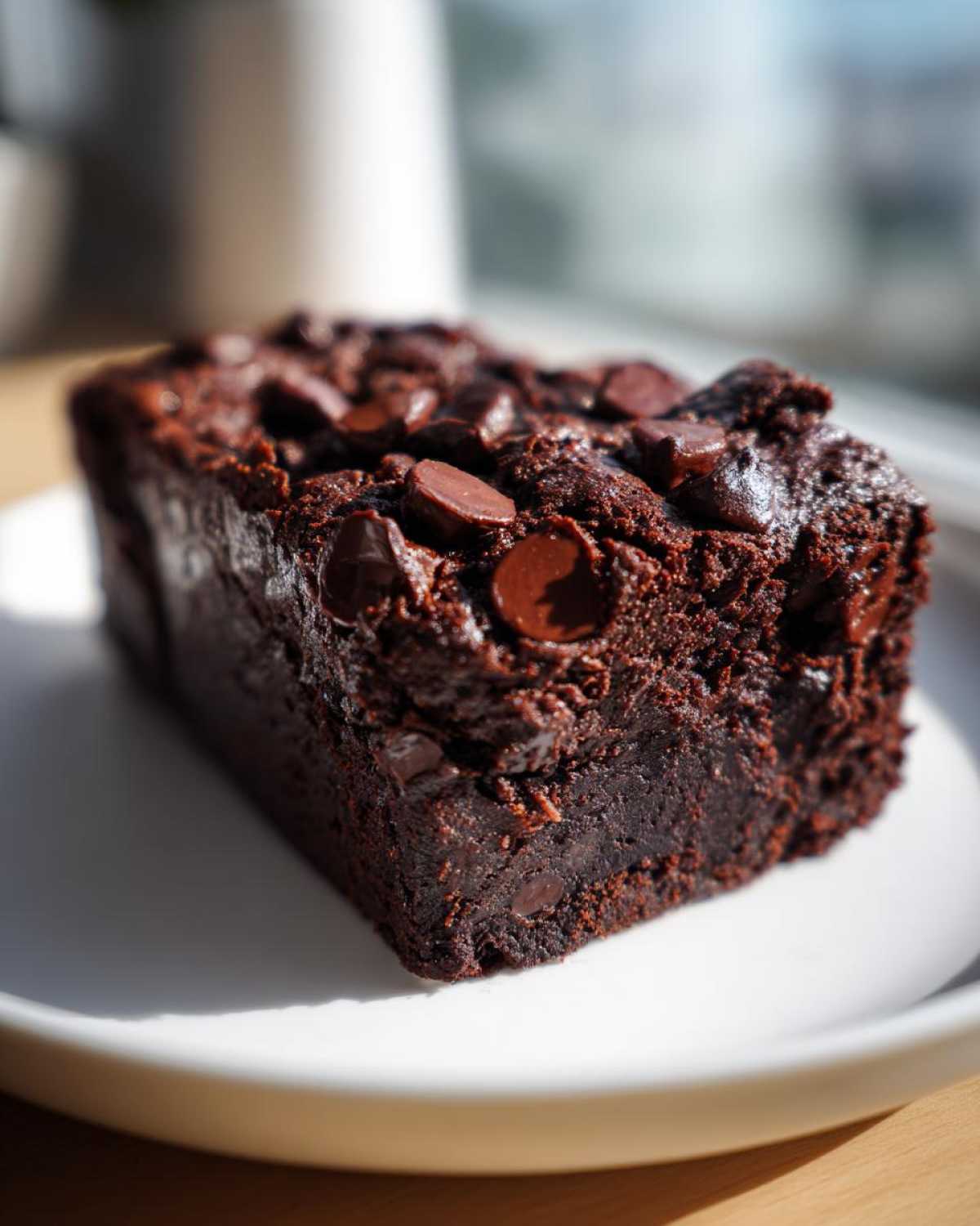 A close-up, fudgy slice of black bean brownies topped generously with melted chocolate chips.