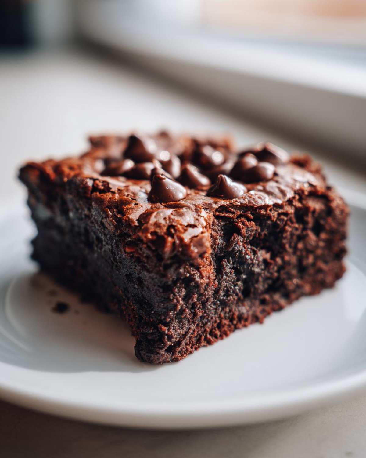 A close-up of a fudgy slice of black bean brownies topped with chocolate chips on a white plate.