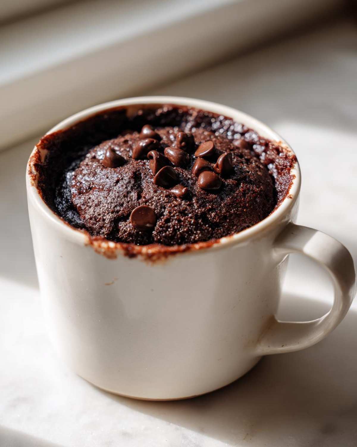 Close-up of a fudgy chocolate mug cake topped with melted chocolate chips, ready to eat.
