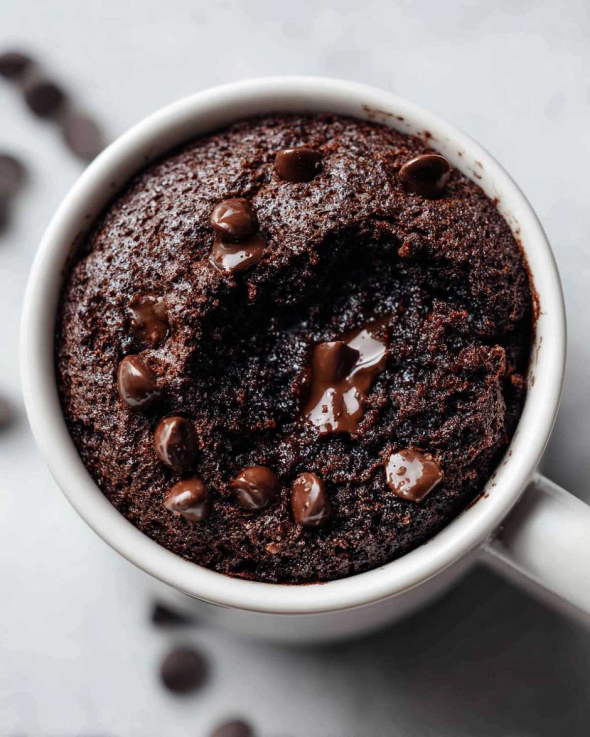 Overhead view of a rich, fudgy chocolate mug cake topped with melted chocolate chips.