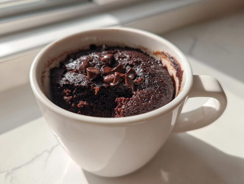 Close-up of a rich, fudgy chocolate mug cake topped with melted chocolate chips, sitting in a white mug.