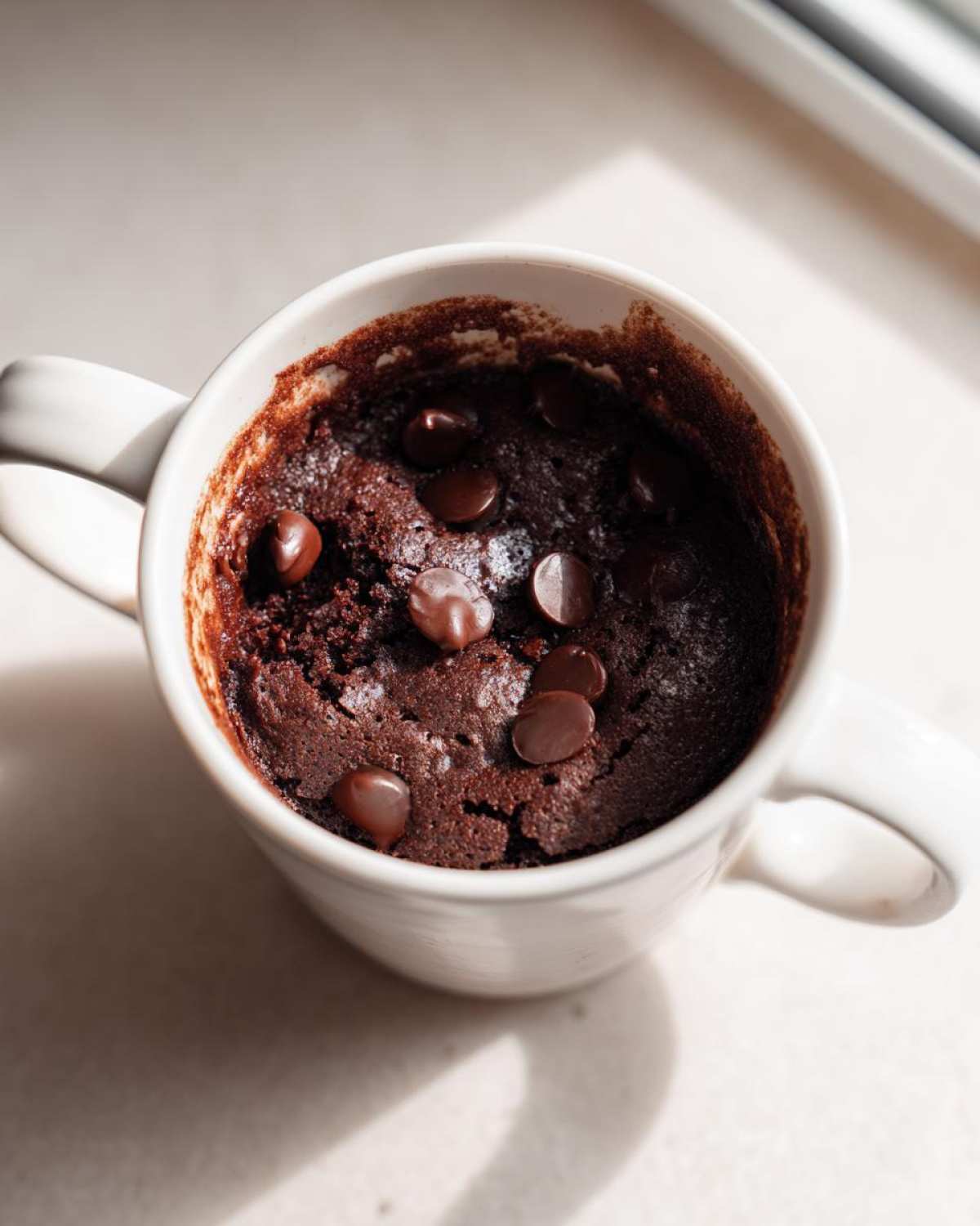 Close-up of a fudgy chocolate mug cake topped with melted chocolate chips, ready to eat.