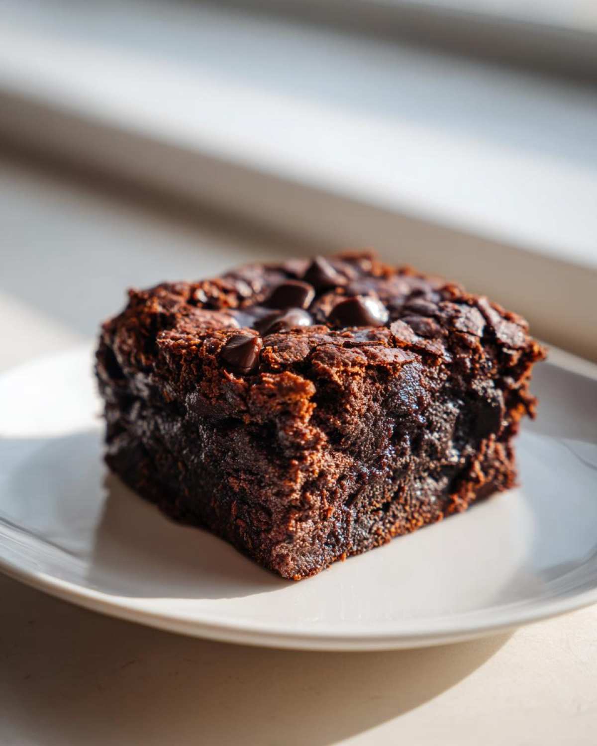 A close-up, fudgy square of sweet potato brownies topped with melted chocolate chips, sitting on a white plate.