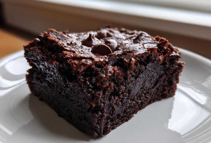 Close-up of a rich, fudgy slice of sweet potato brownies topped with melted chocolate chips on a white plate.