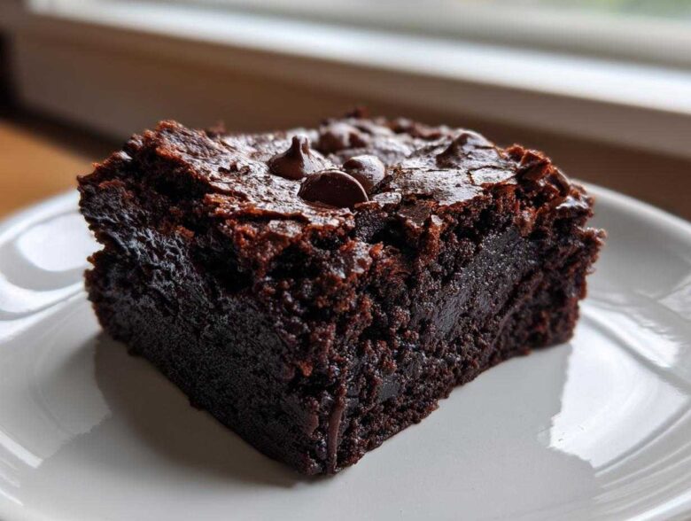 Close-up of a rich, fudgy slice of sweet potato brownies topped with melted chocolate chips on a white plate.