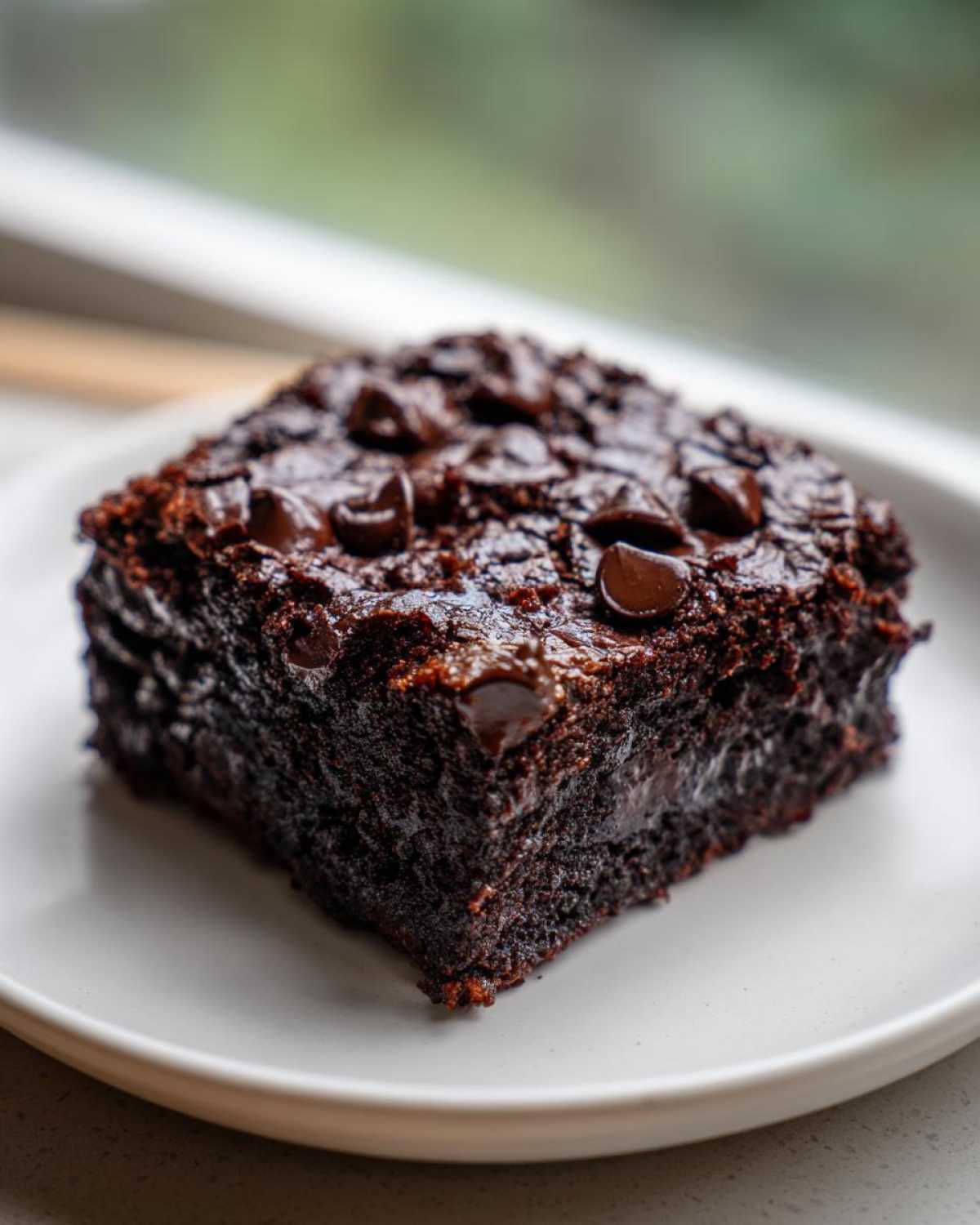 Close-up of a fudgy sweet potato brownies square topped with melted chocolate chips on a white plate.