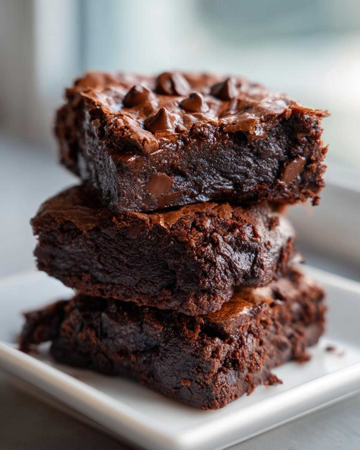 A stack of three fudgy sweet potato brownies topped with chocolate chips, showing a rich, dark interior.