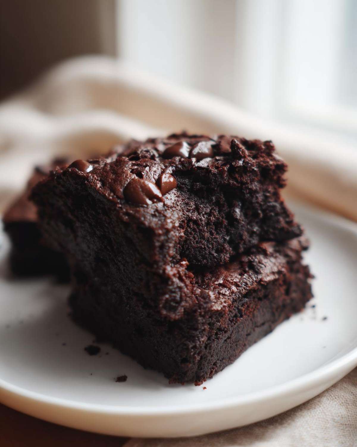 Close-up of two stacked, fudgy sweet potato brownies topped with chocolate chips on a white plate.