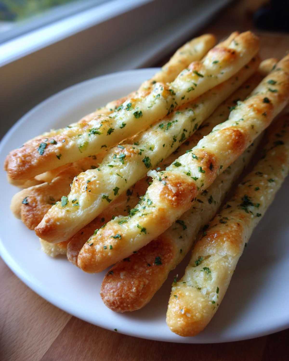 A stack of golden, cheesy garlic parmesan breadsticks topped with fresh parsley on a white plate.
