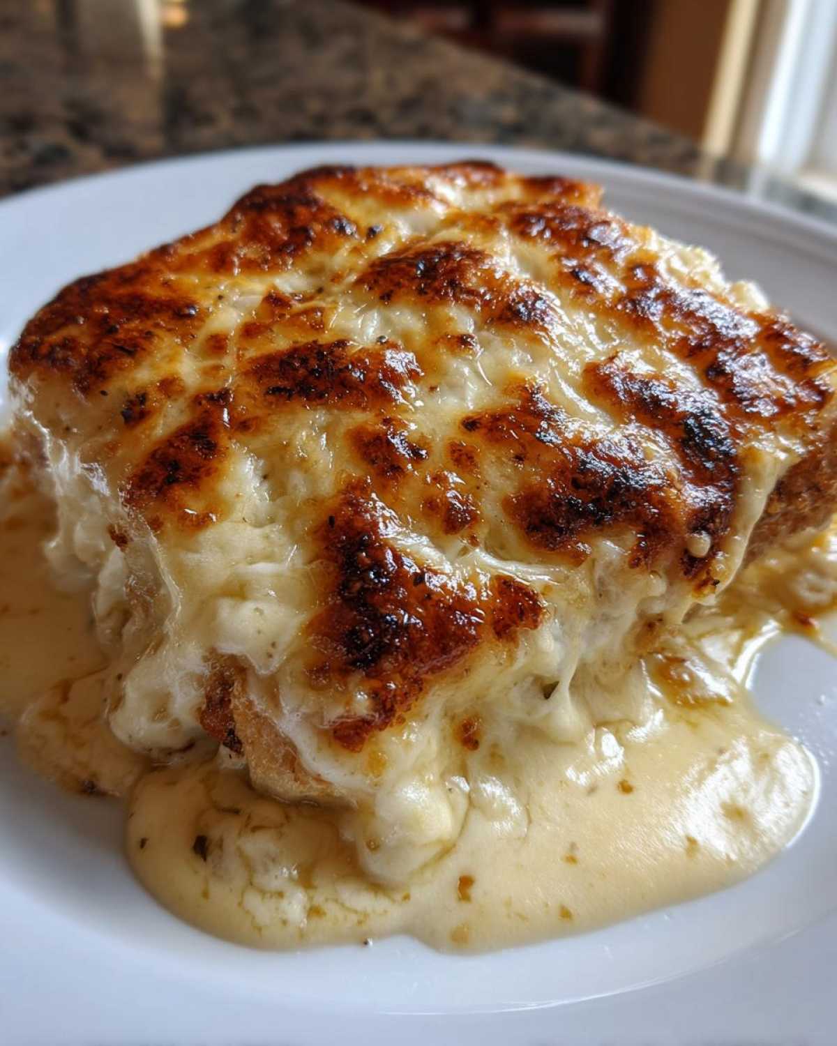 A close-up of a serving of Garlic parmesan chicken bake covered in bubbly, browned cheese sauce.
