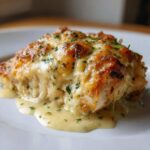 A close-up of a piece of Garlic parmesan chicken bake covered in melted, browned cheese and parsley.