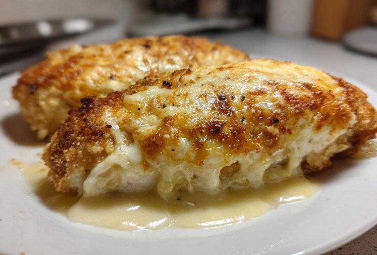 Close-up of two servings of Garlic parmesan chicken bake covered in melted, browned cheese sauce.