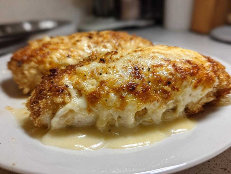 Close-up of two servings of Garlic parmesan chicken bake covered in melted, browned cheese sauce.