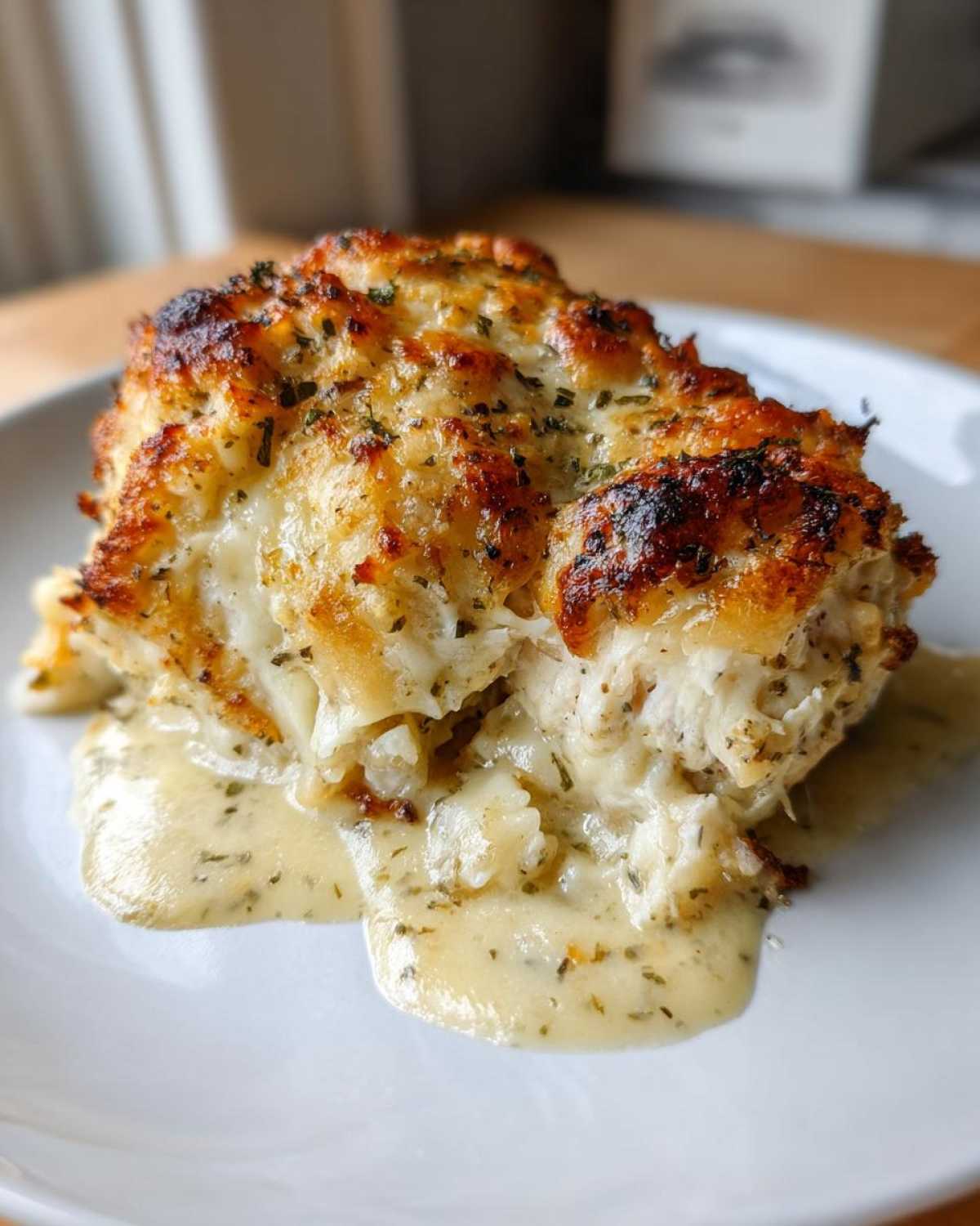 Close-up of a serving of Garlic parmesan chicken bake with a golden-brown crust and creamy sauce.