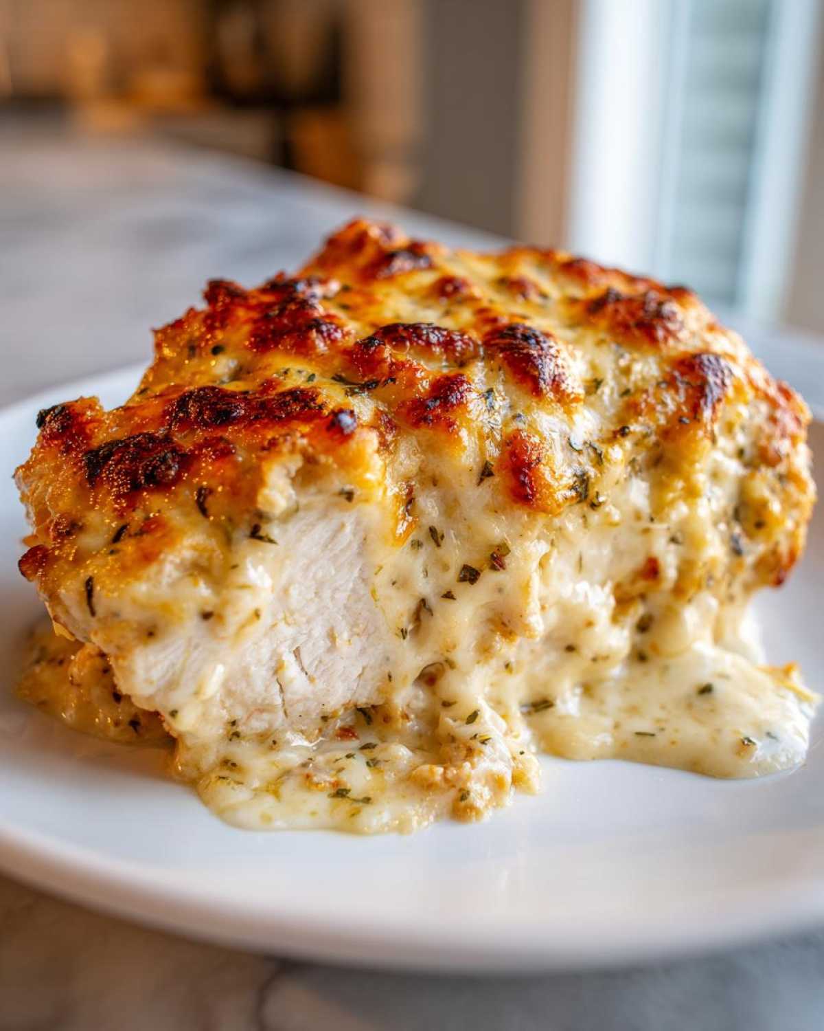 A close-up of a slice of juicy Garlic parmesan chicken bake covered in melted, browned cheese sauce.