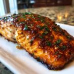 A close-up of a perfectly baked salmon fillet covered in a thick, glossy, dark glaze and sprinkled with fresh parsley.