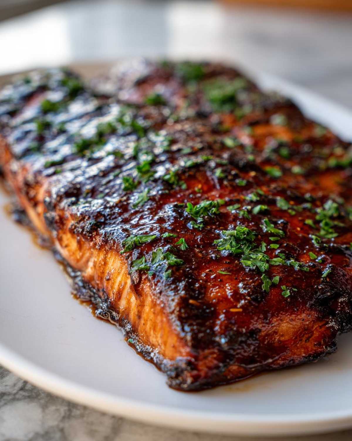 Close-up of a perfectly baked salmon fillet with a dark, glossy glaze, garnished with fresh chopped parsley.