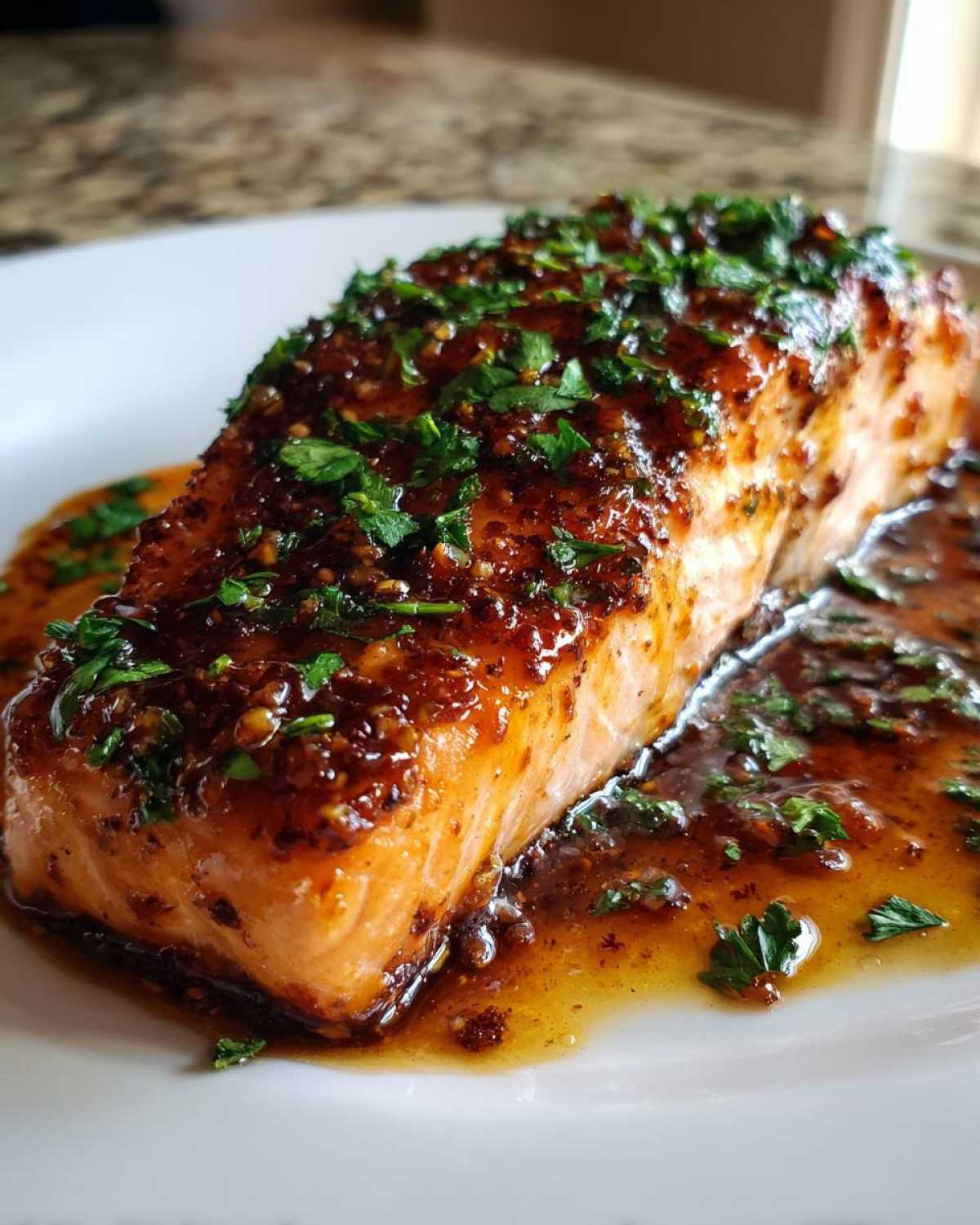Close-up of a perfectly baked salmon fillet covered in a rich, dark glaze and fresh parsley.