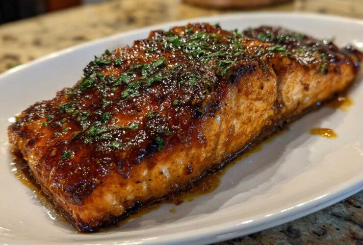 A perfectly cooked, glazed baked salmon fillet topped with fresh chopped parsley served on a white platter.