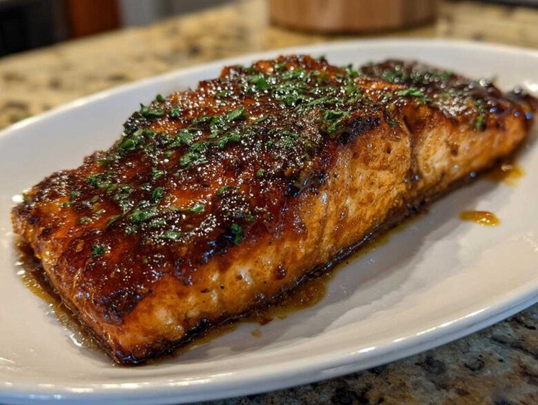 A perfectly cooked, glazed baked salmon fillet topped with fresh chopped parsley served on a white platter.