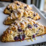 Three freshly baked blueberry scones drizzled with white glaze, served on a white rectangular plate.