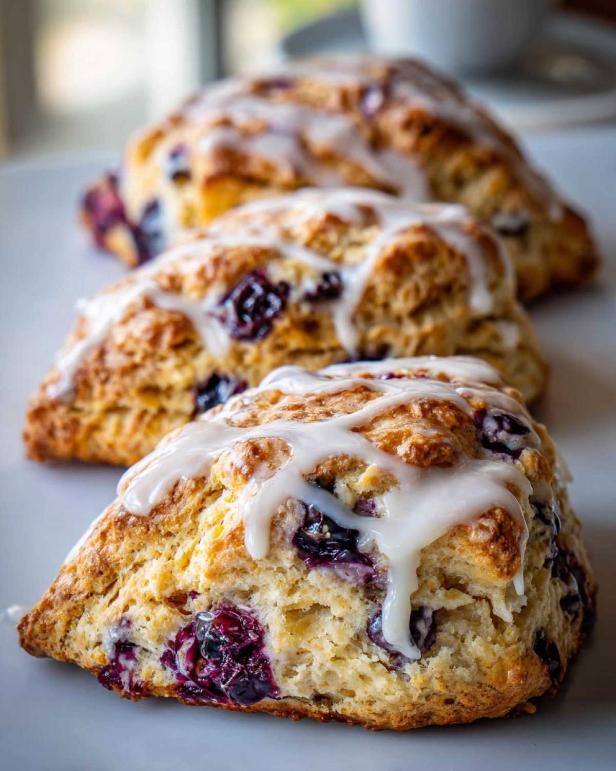 Three freshly baked blueberry scones drizzled with white glaze, arranged in a row on a white plate.