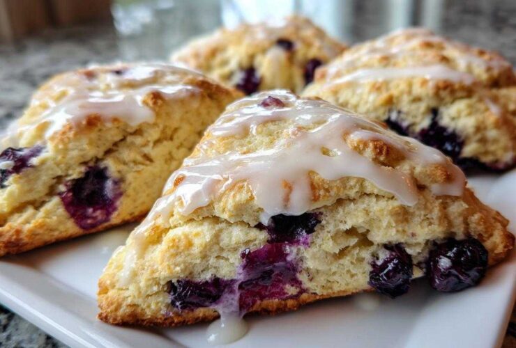 Close-up of freshly baked blueberry scones topped with a sweet white glaze on a white plate.