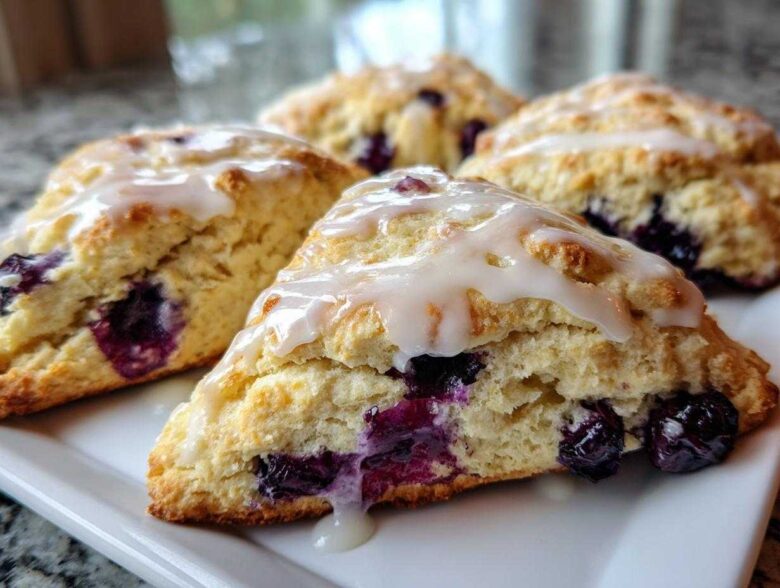 Close-up of freshly baked blueberry scones topped with a sweet white glaze on a white plate.