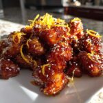 Close-up of crispy, glazed pieces of orange chicken recipe garnished with sesame seeds and orange zest.