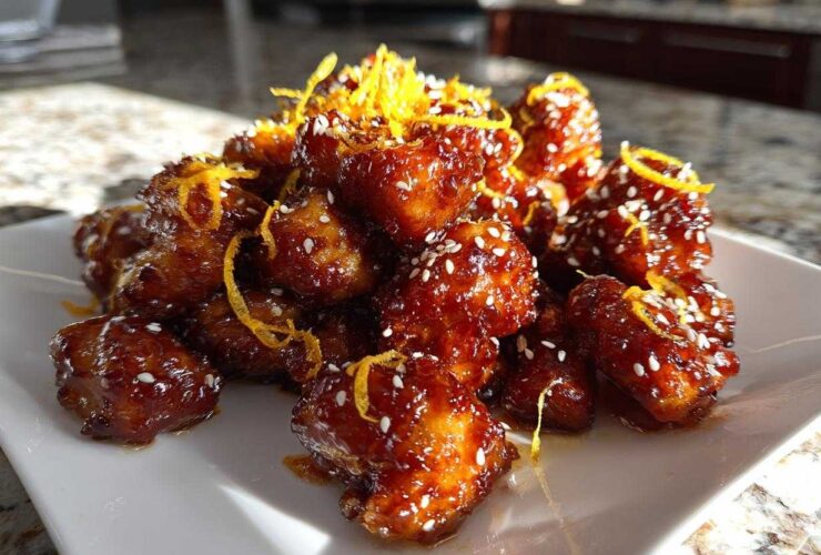 Close-up of crispy, glazed pieces of orange chicken recipe garnished with sesame seeds and orange zest.