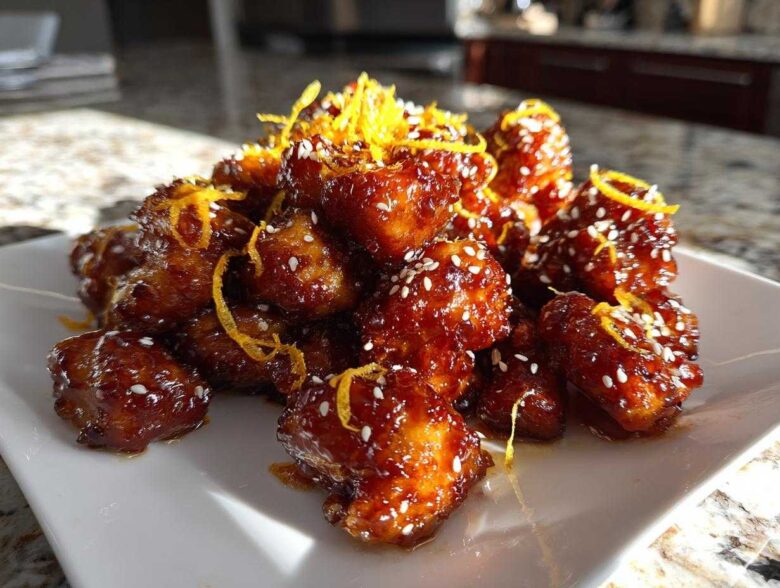 Close-up of crispy, glazed pieces of orange chicken recipe garnished with sesame seeds and orange zest.