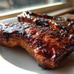 Close-up of two thick, glazed pork steak pieces with a rich, dark, caramelized crust.