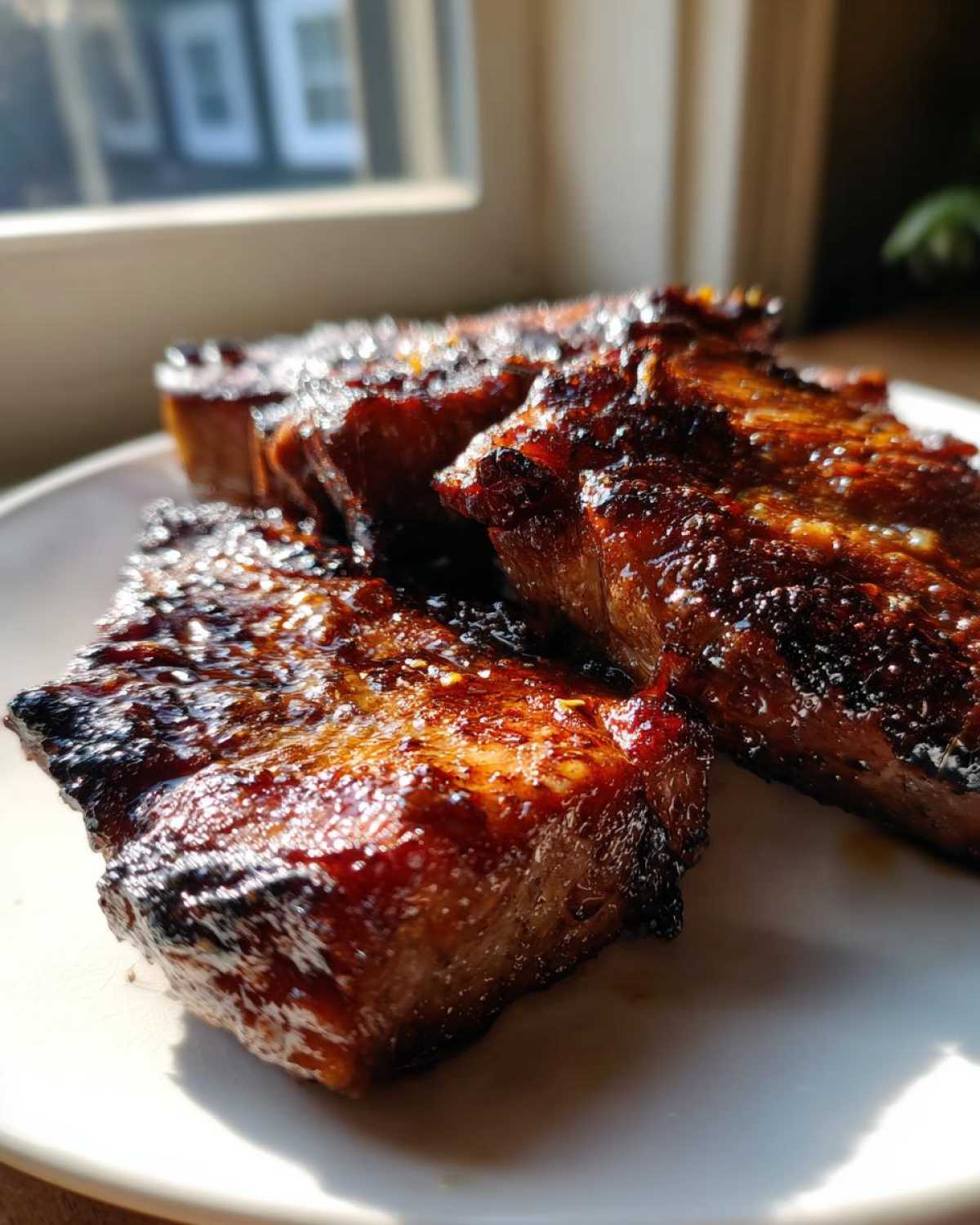 Close-up of three tender, glazed pork steak pieces resting on a white plate, showing a rich, dark caramelization.
